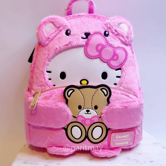 Hello Kitty Teddy Bear Cosplay Pink Plush Mini Backpack Loungefly & Sanrio New - Picture 2 of 11